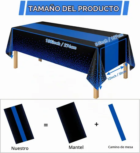 Vista 2 de Manteles de plástico desechables 2 en 1 de 54 x 108 pulgadas, mantel rectangular de cocina con lunares negros y azules, para boda, cumpleaños, baby