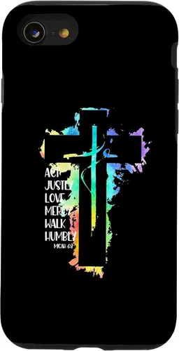 Vista 13 de Funda para iPhone 15 Tie Dye Cross Micah 6:8 Act Justly Bible Scripture Easter Case