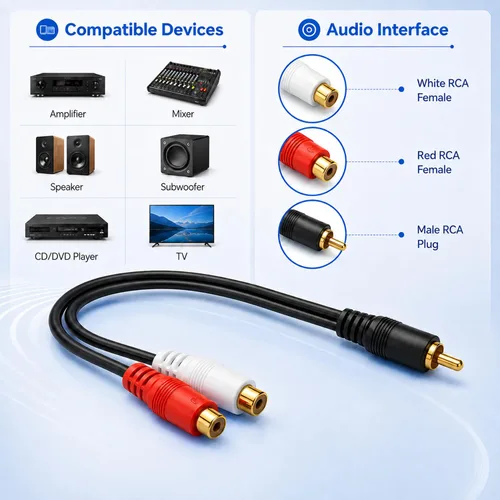 Vista 4 de Eanetf Cable divisor RCA de 1 macho a 2 hembras para altavoz de audio en Y, con conductor OFC, blindaje doble, carcasa de metal chapado en oro