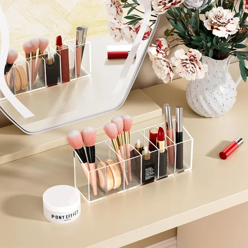 Vista 4 de Acina Organizador de brochas de maquillaje transparente, 2 unidades, acrílico, 3 ranuras, organizador de almacenamiento de cepillos cosméticos