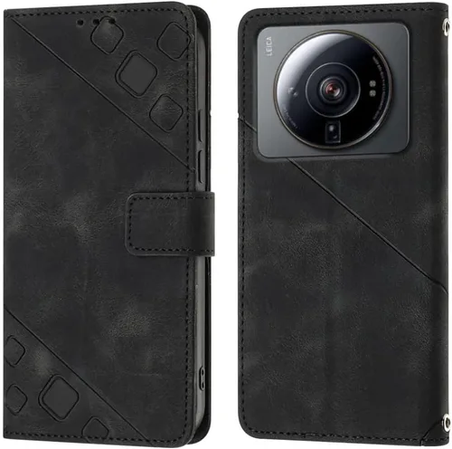 Vista 6 de Flip Case for Xiaomi 12 Ultra/12S Ultra,Skin Feeling Embossed Solid Color Premium Leather Wallet Case with Hand Strap