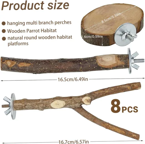 Vista 6 de 8 juguetes de loros de madera natural para pájaros, perca colgante, periquitos