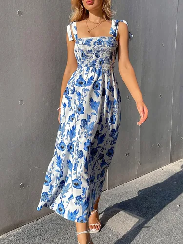 Vista 4 de Floerns Vestido de mujer con estampado floral, tirantes, cuello cuadrado, con volantes, estilo bohemio, largo