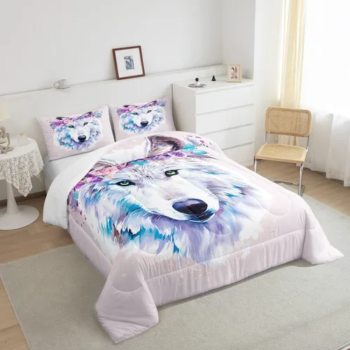 Vista 5 de Juego de ropa de cama de lobo con diseño de animales de safari con ojos verdes, juego de edredón de teñido anudado para niñas, flores florecientes