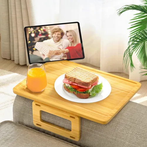 Vista 10 de Smatdecis Bandeja de brazo para sofá, mesa de clip para brazos, mesa de bandeja para reposabrazos adecuada para bebidas caseras, comida rápida, Negro