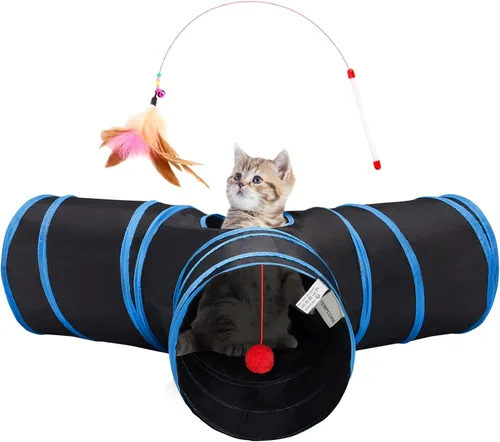 Vista 14 de Tempcore Túnel para gatos con tubo de juguete, túneles plegables de 3 vías para gatos, túneles para mascotas aburridas con agujero y pelota, juguete