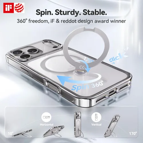 Vista 4 de CASEKOO Funda plateada brillante para iPhone 17 Pro con soporte magnético giratorio de 360 grados [compatible con MagSafe]