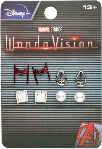 Vista 3 de Marvel Studios - Juego de aretes de acero inoxidable con base de metal para mujer, con licencia oficial de WandaVision, se vende en 4 pares