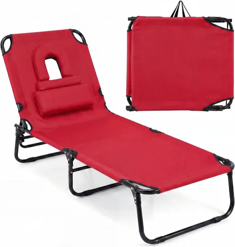 Vista 19 de Goplus Silla bronceadora, silla de playa plegable con orificio para la cara, almohada extraíble, capacidad de 350 libras, correa de transporte