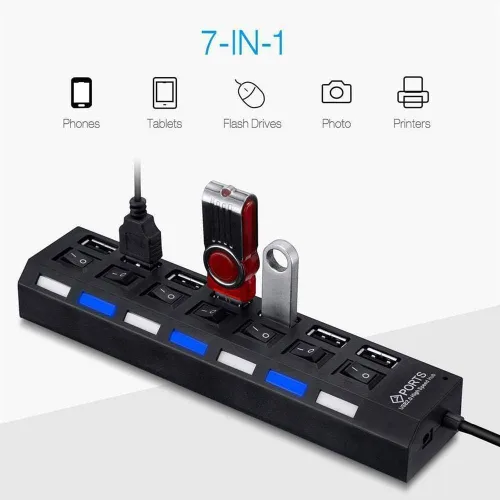 Vista 7 de Concentrador USB 2.0 de 7 puertos, extensor USB con interruptores LED individuales de encendido/apagado, protección contra sobrecorriente, Plug and