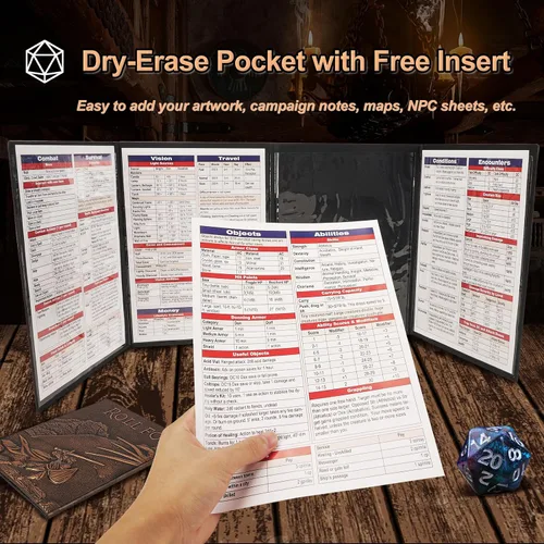 Vista 2 de DND DM Screen 5e, Pantalla de Dungeon Master de D&D 3D de Cuero Sintético de 4 Paneles Game Master Screen con Inserciones Personalizables
