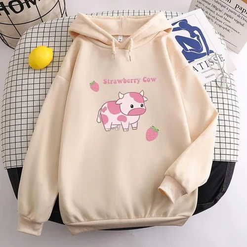 Vista 3 de Sudadera Kawaii para mujer, con estampado de vaca y fresa, manga larga, estética, mullida, sudadera con capucha