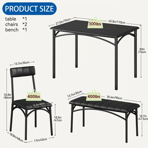Vista 8 de IDEALHOUSE Juego de mesa de comedor para 4, mesa de cocina con sillas para 4, mesa de comedor rectangular de madera con banco tapizado para espacios