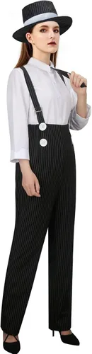 Vista 2 de Disfraz de gángster Gatsby de los años 20 para mujeres adultas, niñas, mafia de mafia rugiente de los años 20, Halloween, cosplay, traje a rayas
