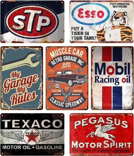 Vista 9 de Letreros de hojalata vintage para garaje para hombres, letreros de metal de gas y aceite para garaje, cueva de hombre, bar, letrero de hojalata