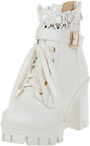 Vista 2 de BEAUPAS Botas de tacón alto con plataforma gruesa para mujer, botines góticos con cordones, tacón de bloque y hebilla, Blanco