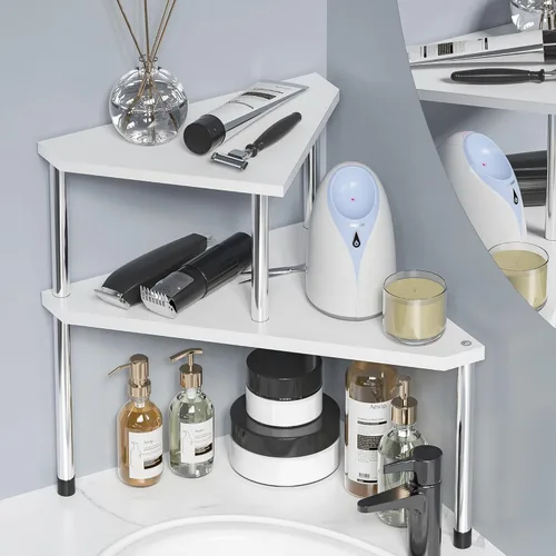 Vista 11 de Weenson Organizador de Mostrador de Baño Estante de Esquina - Organizador de Baño de 2 Niveles Organización de Baño Estante de Bambú para Lavabo