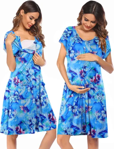 Vista 6 de Ekouaer - Vestido de maternidad 3 en 1 para trabajo de parto/hospital, camisón de lactancia, ropa de dormir para amamantar con botones S-XXL A-Negro