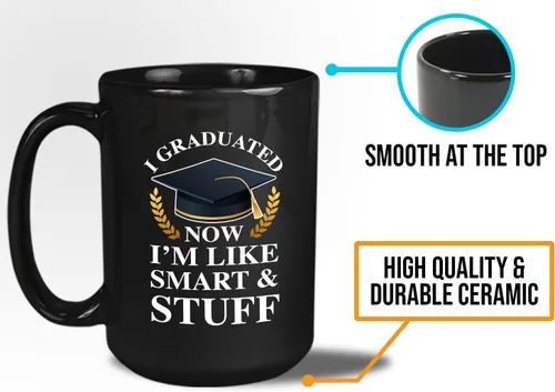 Vista 5 de Taza de café de graduación de 15 onzas, color negro, con texto en inglés «Now I'm Like Smart & Stuff – Chistes graduados divertidos, collage tonto