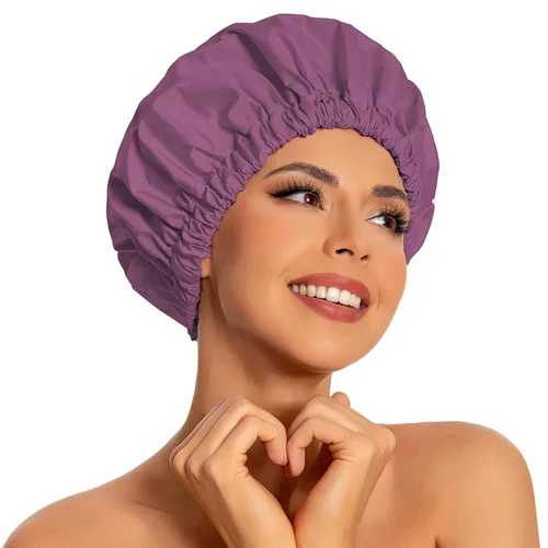 Vista 28 de Gorro de ducha reutilizable para mujer, grande, impermeable, lavable, banda elástica, accesorios de baño, sombrero para cabello largo, trenzas Beige