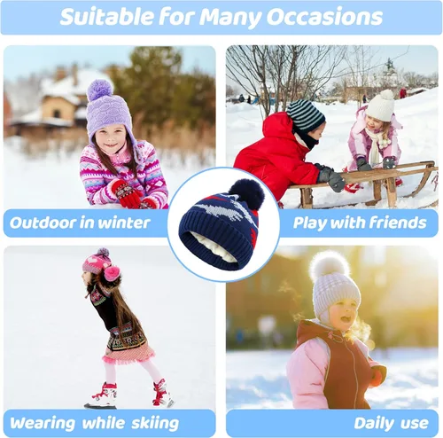 Vista 6 de Gorro de punto de invierno para bebé, forro polar, gorro grueso con pompón, gorro cálido para niños de 3 a 18 meses