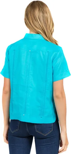 Vista 6 de Mojito Guayabera de manga corta 100% lino tradicional con cuatro bolsillos para mujer