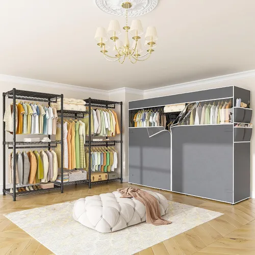 Vista 8 de Raybee Perchero de ropa con cubierta, perchereros para colgar ropa resistente, armario portátil con estantes, ajustable, carga de 905 LBS, negro