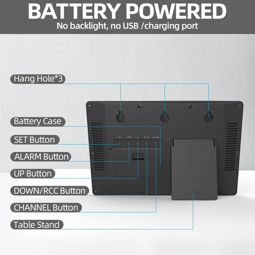 Vista 6 de Reloj de pared atómico LFF/Nunca necesita configuración, funciona con pilas, reloj de pared atómico con temperatura y humedad interior/exterior Negro