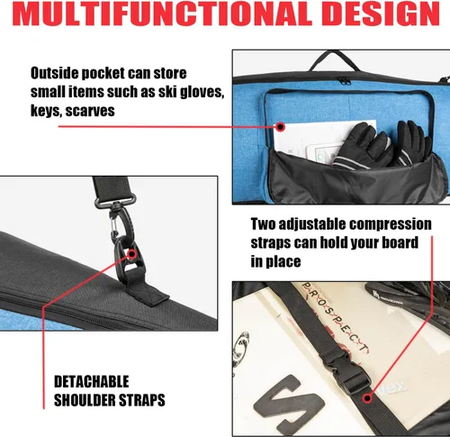 Vista 5 de Bolsa de snowboard MERALIAN para viajes aéreos, bolsa de snowboard acolchada para tabla, botas, ropa, casco y equipo, disponible en longitud