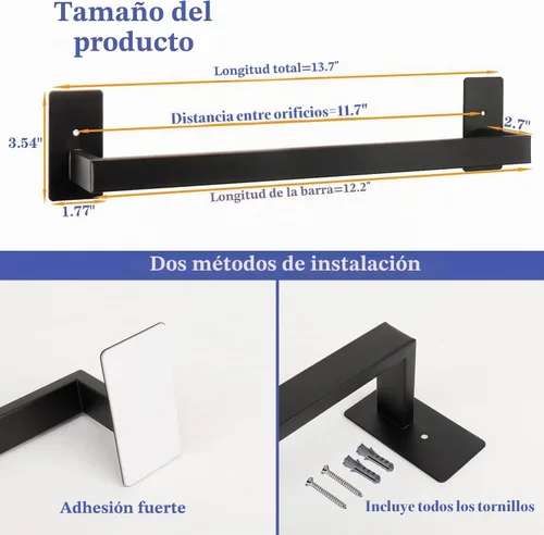 Vista 2 de Barra de Toalla de Baño Autoadhesiva, Toallero sin Perforación Fácil de Instalar, Soporte de Toalla de Mano Hecho de Acero Inoxidable Premium Negro