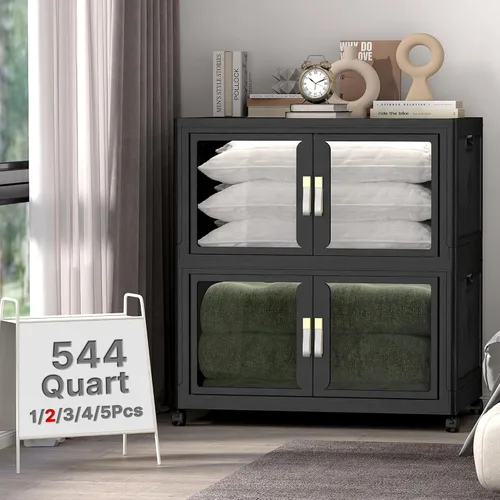 Vista 27 de Contenedor de almacenamiento apilable de 48 cuartos de galón con tapa, ruedas y puerta, organizador plegable de 12 galones para dormitorio, estudio