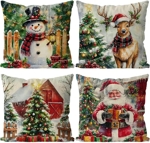 Vista 6 de Juego de 4 fundas de almohada de Navidad, muñeco de nieve, Papá Noel, Derr, decoración de Navidad, para el hogar, sofá, sala de estar, funda