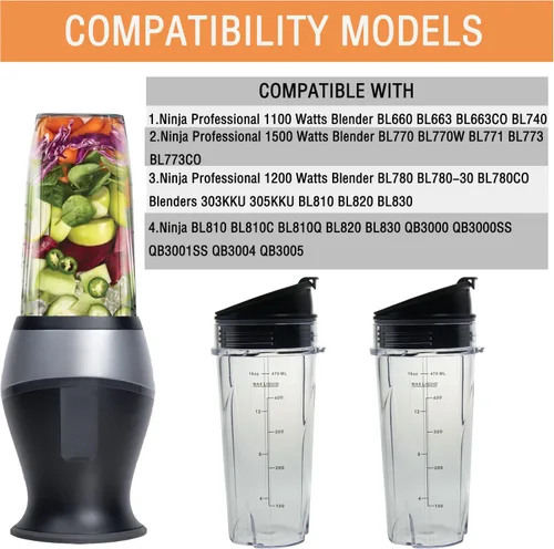 Vista 2 de Vasos de repuesto de 16 onzas para licuadora personal compacta Ninja QB3001SS, juego de tazas de 16 onzas para licuadora profesional Ninja BL770