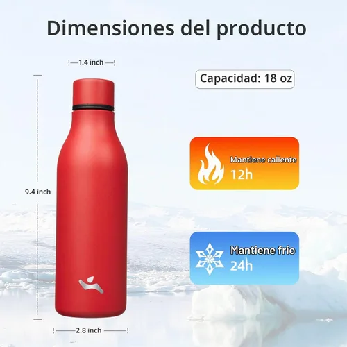 Vista 2 de Konokyo Botella de agua de metal de acero inoxidable aislada de 18 onzas Rojo