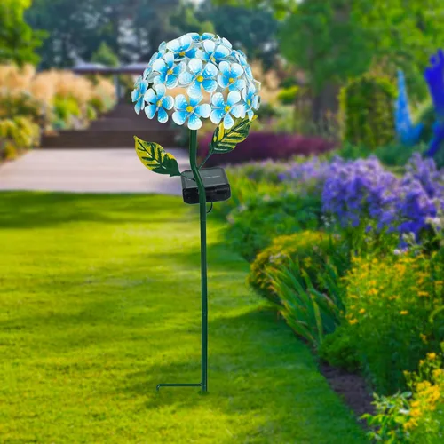 Vista 4 de Hortensia solar con 26 luces LED, estaca de metal para tierra, 3 colores, decoración de estaca de flores para exteriores (azul)