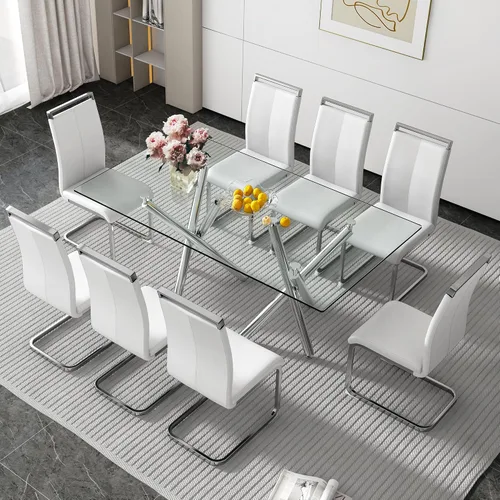 Vista 36 de Juego de 6 mesas de comedor de cristal, moderno juego de mesa de comedor de vidrio templado rectangular transparente de 71 pulgadas y 6 sillas