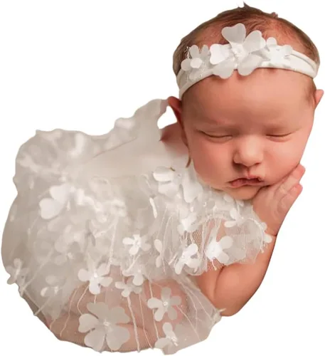 Vista 12 de Traje de fotografía para bebé, traje de encaje para recién nacido, sesión de fotos, diadema de flores, disfraz de princesa