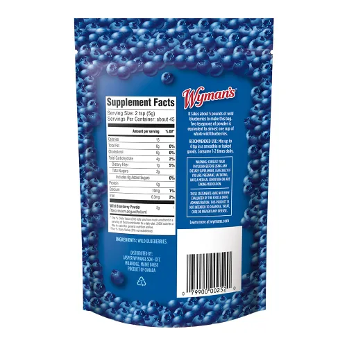 Vista 2 de Wyman's Polvo de arándano silvestre – 100% arándanos silvestres, sin azúcar añadido, actividad antioxidante, bolsa resellable – 8 onzas