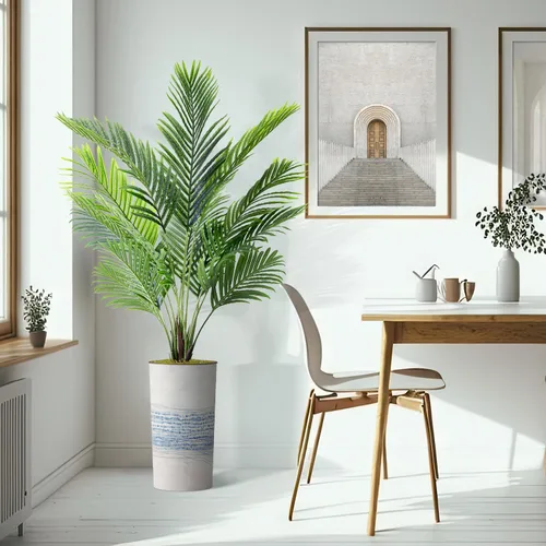 Vista 6 de Árbol artificial en macetero con patrón de línea industrial gris azul, palmera tropical areca artificial de seda para decoración del hogar