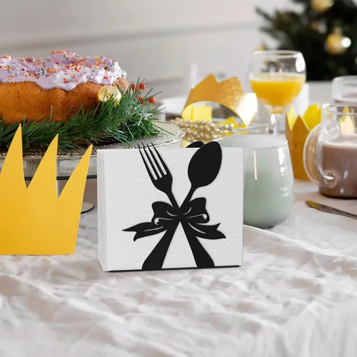 Vista 6 de Soporte de servilletas moderno de pie para mesa, dispensador de servilletas de metal negro, estilo con tema de tenedor y cuchara, adecuado