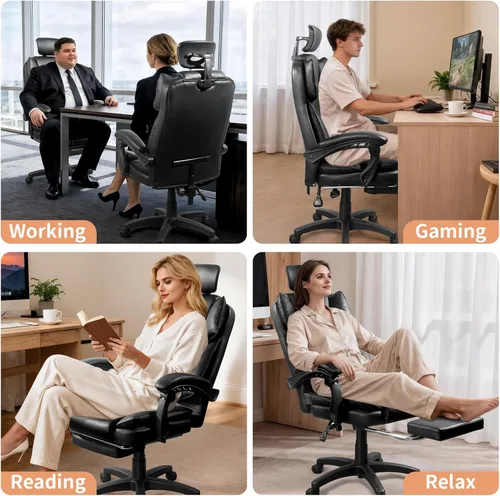 Vista 8 de Silla de oficina grande y alta, cómoda silla ergonómica de cuero para computadora con reposacabezas, respaldo alto, silla ejecutiva reclinable