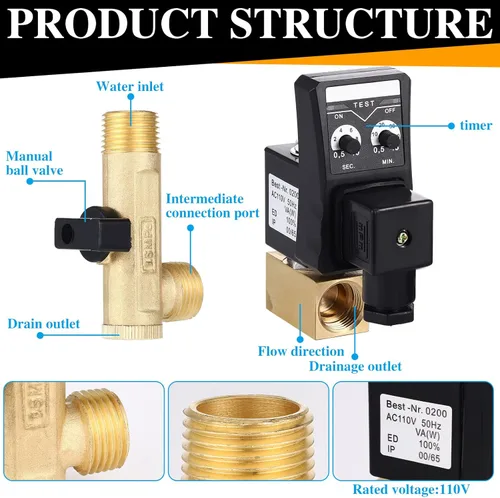 Vista 4 de Bonuci Kit de válvula de drenaje electrónica automática, válvula de agua de drenaje de tanque de 110 V para aire comprimido (separación)