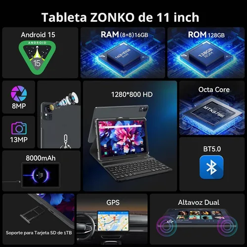 Vista 2 de Tablet Tablet Android 15 de 11 pulgadas, 16 GB de RAM, 128 GB ROM 1 TB Expand, 4G LTE y 5G WiFi, Octa-Core, cámara de 21 MP, 8000 mAh, GPS, tabletas