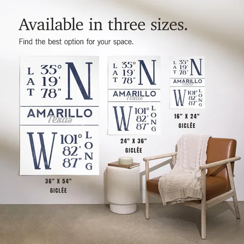 Vista 7 de Lantern Press 36x54 Inch Giclee Print, Amarillo, Texas, Latitude and Longitude (Blue)
