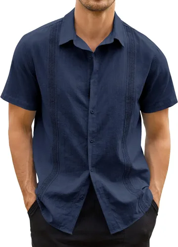 Vista 2 de Hestenve Guayabera - Camisas casuales de lino y algodón con botones de manga corta para hombre, camisa hawaiana cubana de verano, playa, trabajo