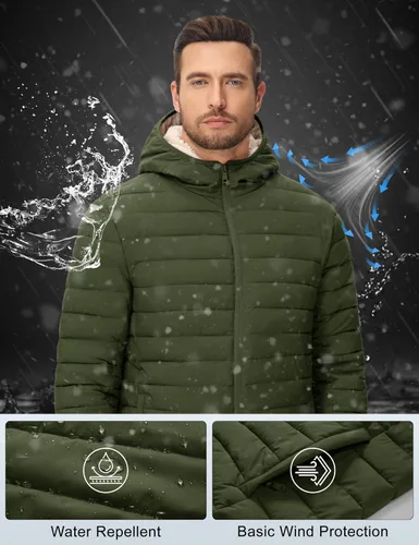 Vista 3 de MAGCOMSEN Chaqueta acolchada para hombre con capucha, forro de vellón, chaqueta térmica resistente al agua, chaqueta de plumón con cremallera