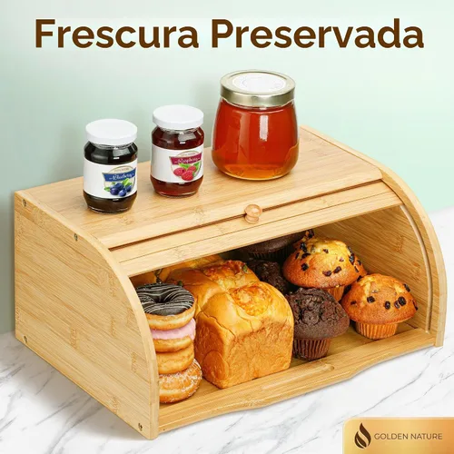 Vista 4 de Caja de pan de bambú para encimera de cocina, gran contenedor de alimentos de madera con tapa enrollable, vintage, para guardar bagels, muffins