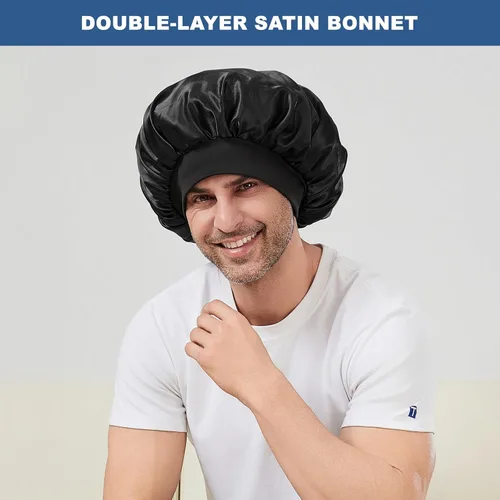Vista 7 de Gorro para hombre, gorro de doble capa para dormir, gorro de dormir ajustable con banda elástica, gorros de satén de seda para trenzas de cabello