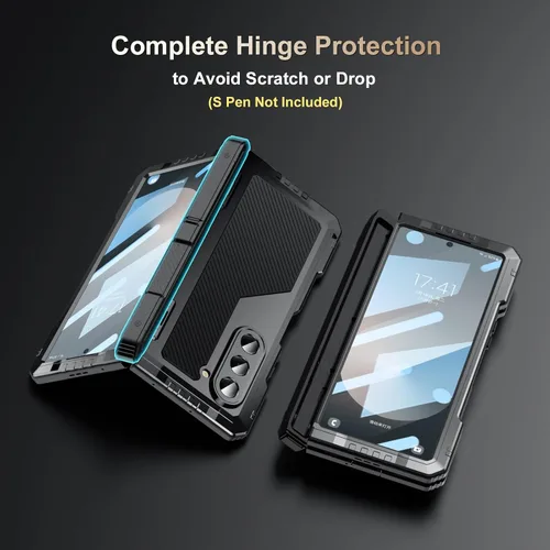 Vista 4 de Funda para Samsung Galaxy Z Fold 6 con soporte delgado para bolígrafo S (2023), parachoques de metal de alta resistencia a prueba de golpes, Negro