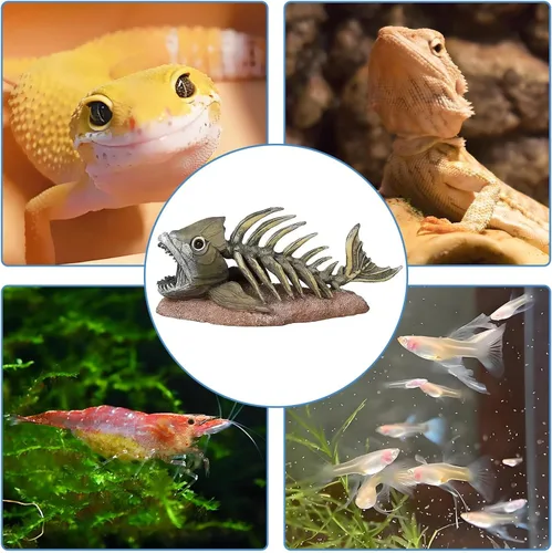 Vista 7 de kathson Decoraciones de pecera de resina, esqueleto de piraña, decoración de acuario, accesorios de tanque de reptiles, adorno de hueso de pescado